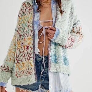 Free People Prairie Cardi Knit Cardigan Sweater Floral Pockets Open Front Small
